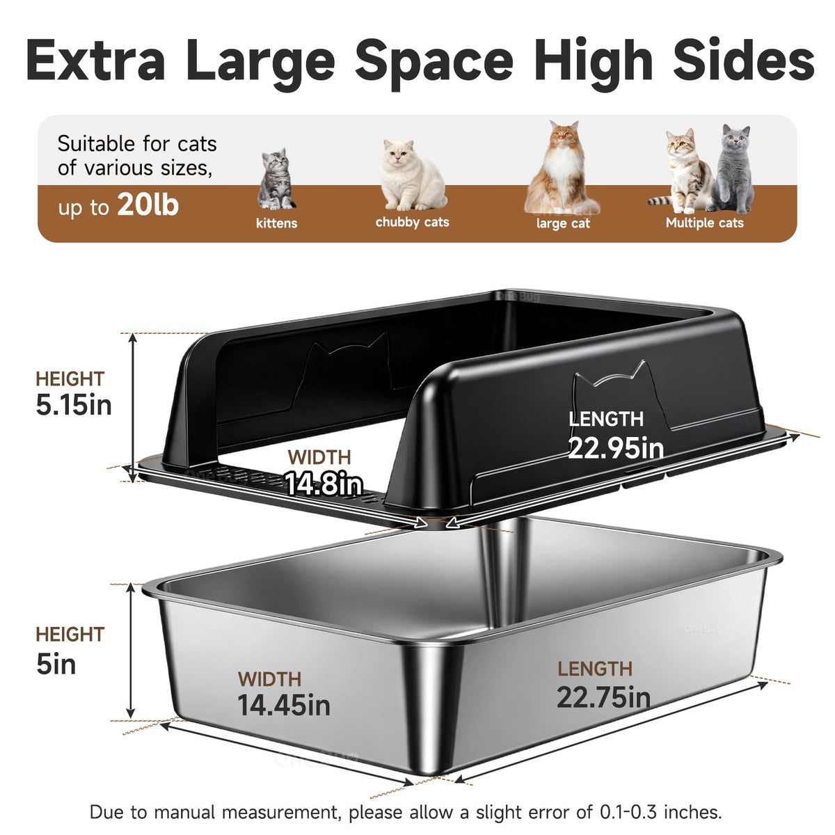 XL Stainless Steel Cat Litter Box With High Sides