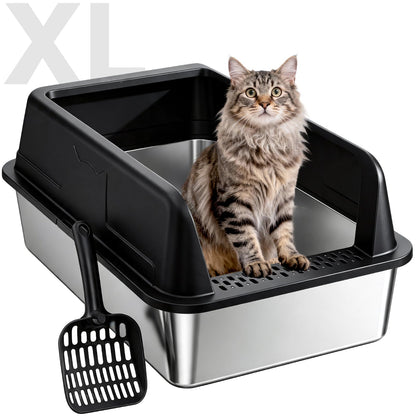 XL Stainless Steel Cat Litter Box With High Sides