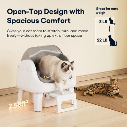 Open-Top Self-Cleaning Litter Box With Safety Sensors
