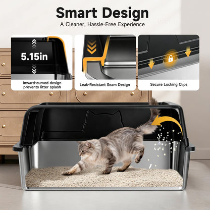 XL Stainless Steel Cat Litter Box With High Sides