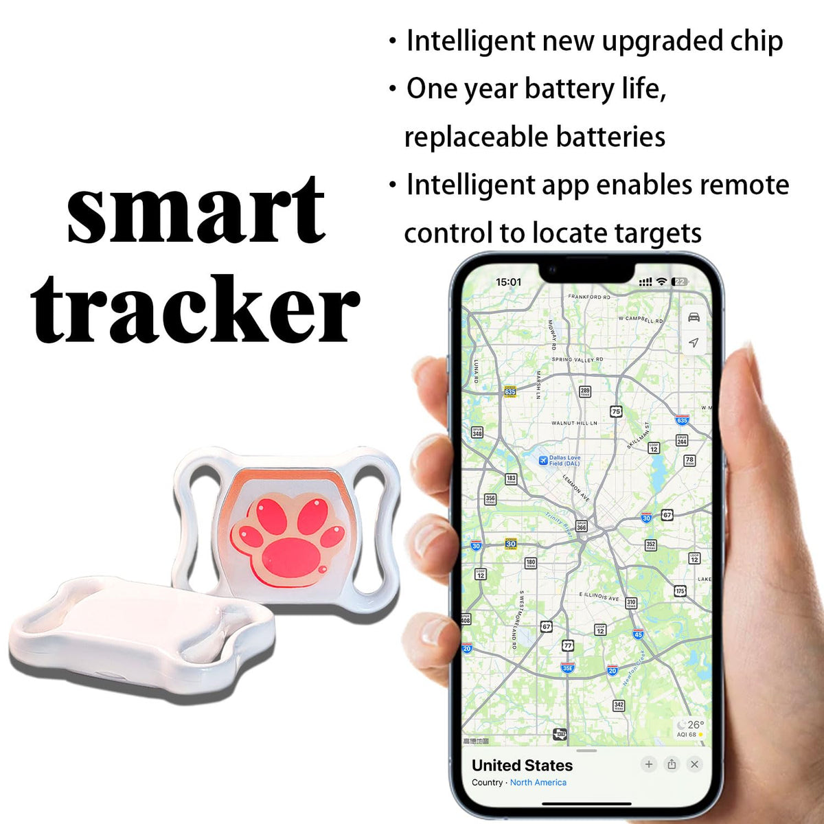 GPS Tracker for Dogs, Smart Collar with Real-Time Locator with Holder Pet Location Tracker, No Monthly Fee/No SIM Card, for Android and iOS, Ultra-Slim, IP68 Waterproof, Reliable